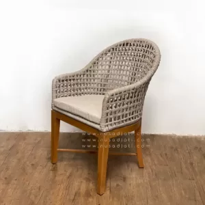 Kursi makan anyaman rope warna grey, rangka kayu jati, desain minimalis modern